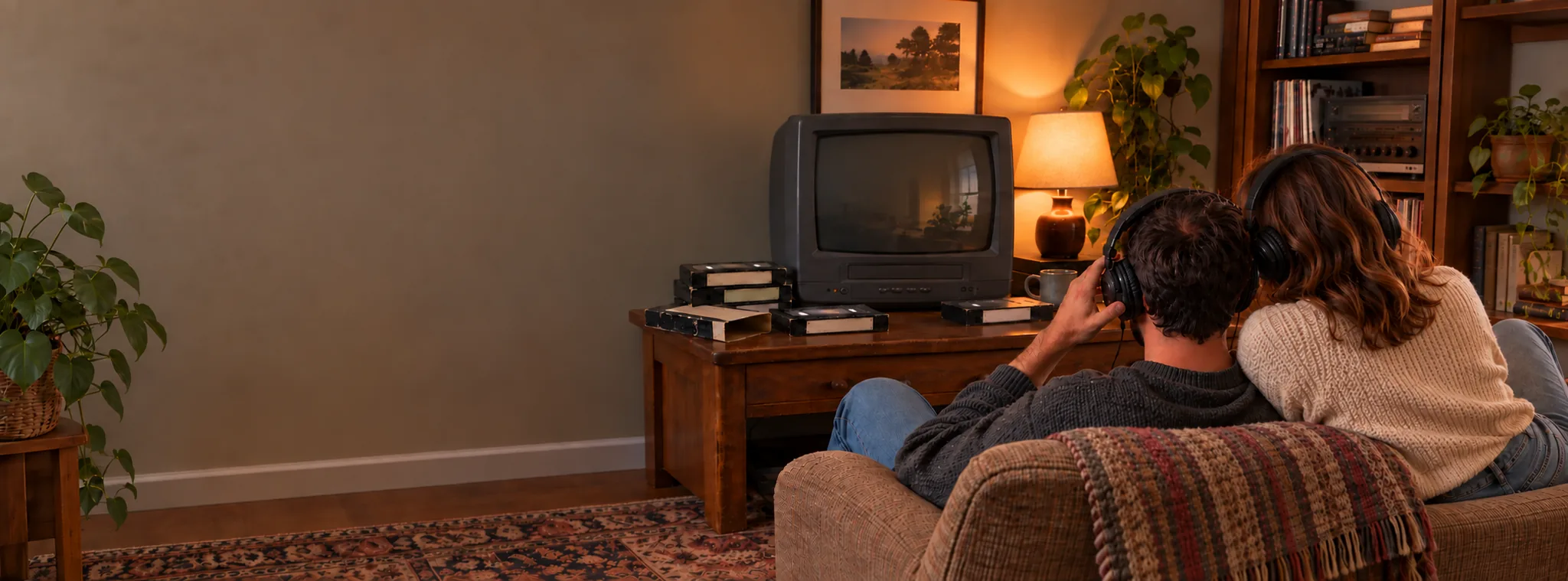 A couple wearing headphones in front of a vintage television, with VHS tapes scattered on the desk.