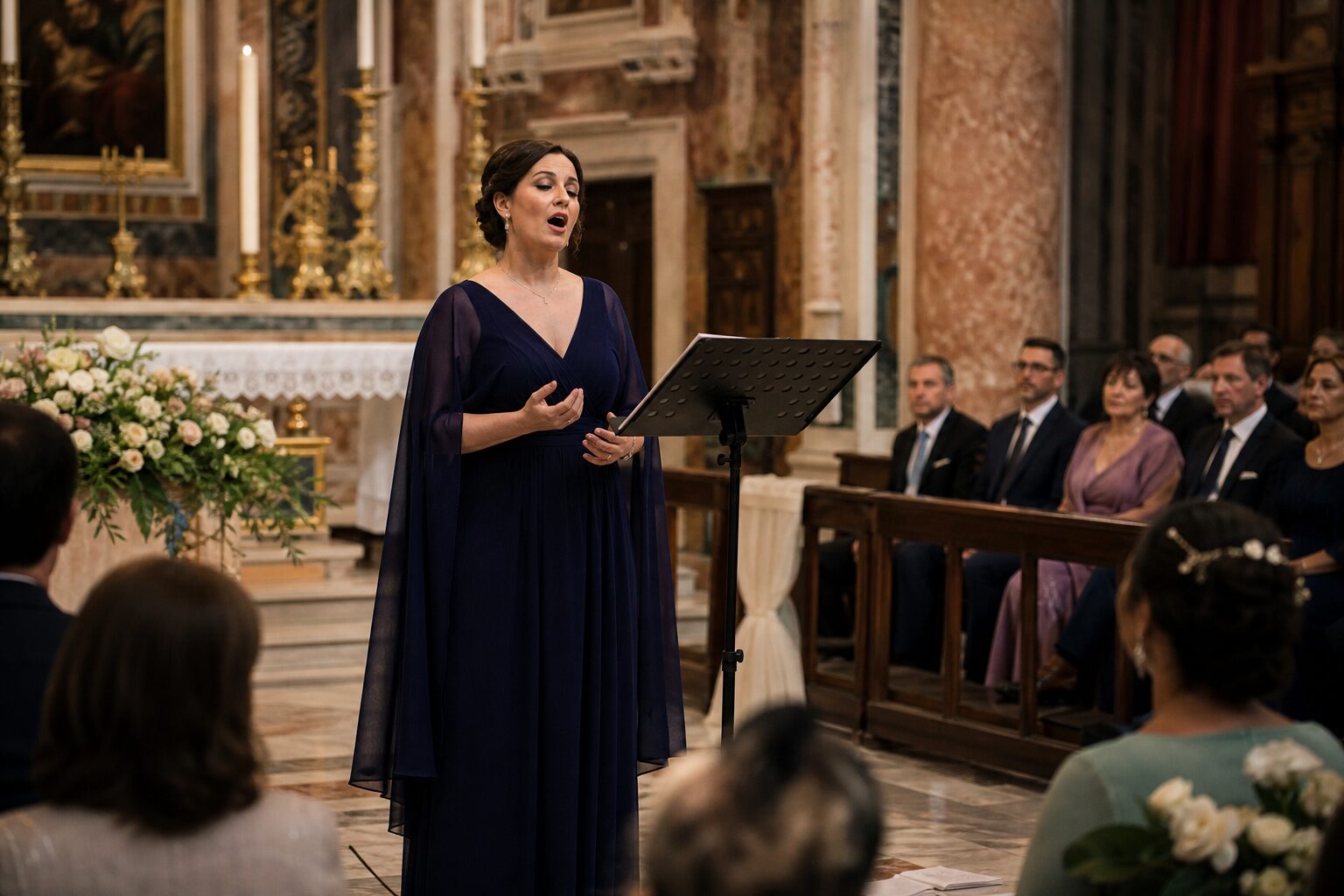 Woman in a navy gown singing beside a black music stand in an ornate church, with seated guests nearby.